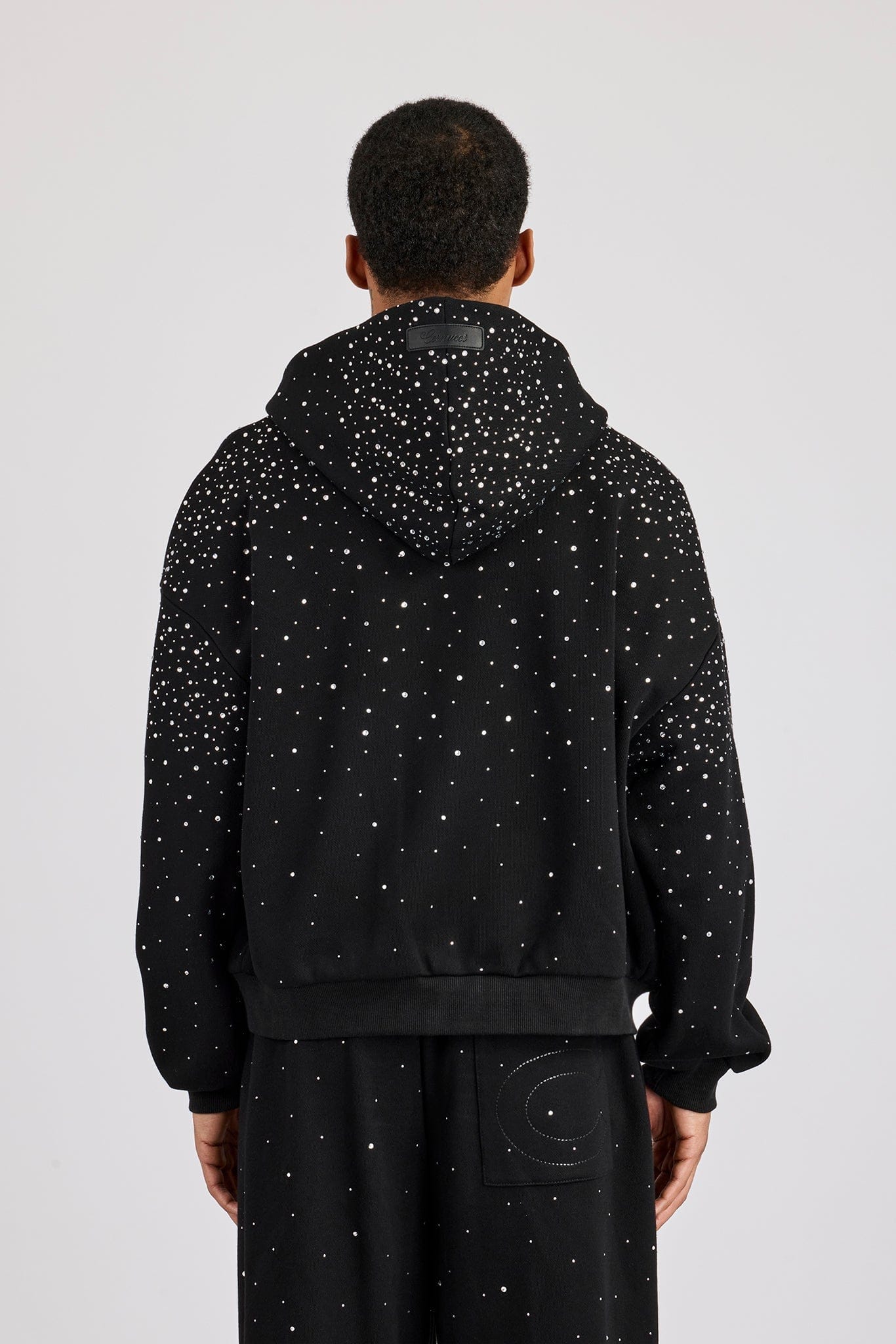 Cernucci Rhinestone Zip Through Hoodie - Black — S — Top View