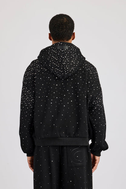 Cernucci Rhinestone Zip Through Hoodie - Black — S — Top View