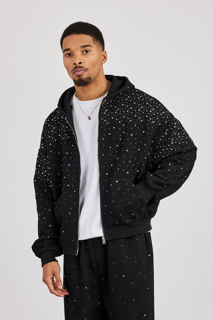 Cernucci Rhinestone Zip Through Hoodie - Black — S — Side View