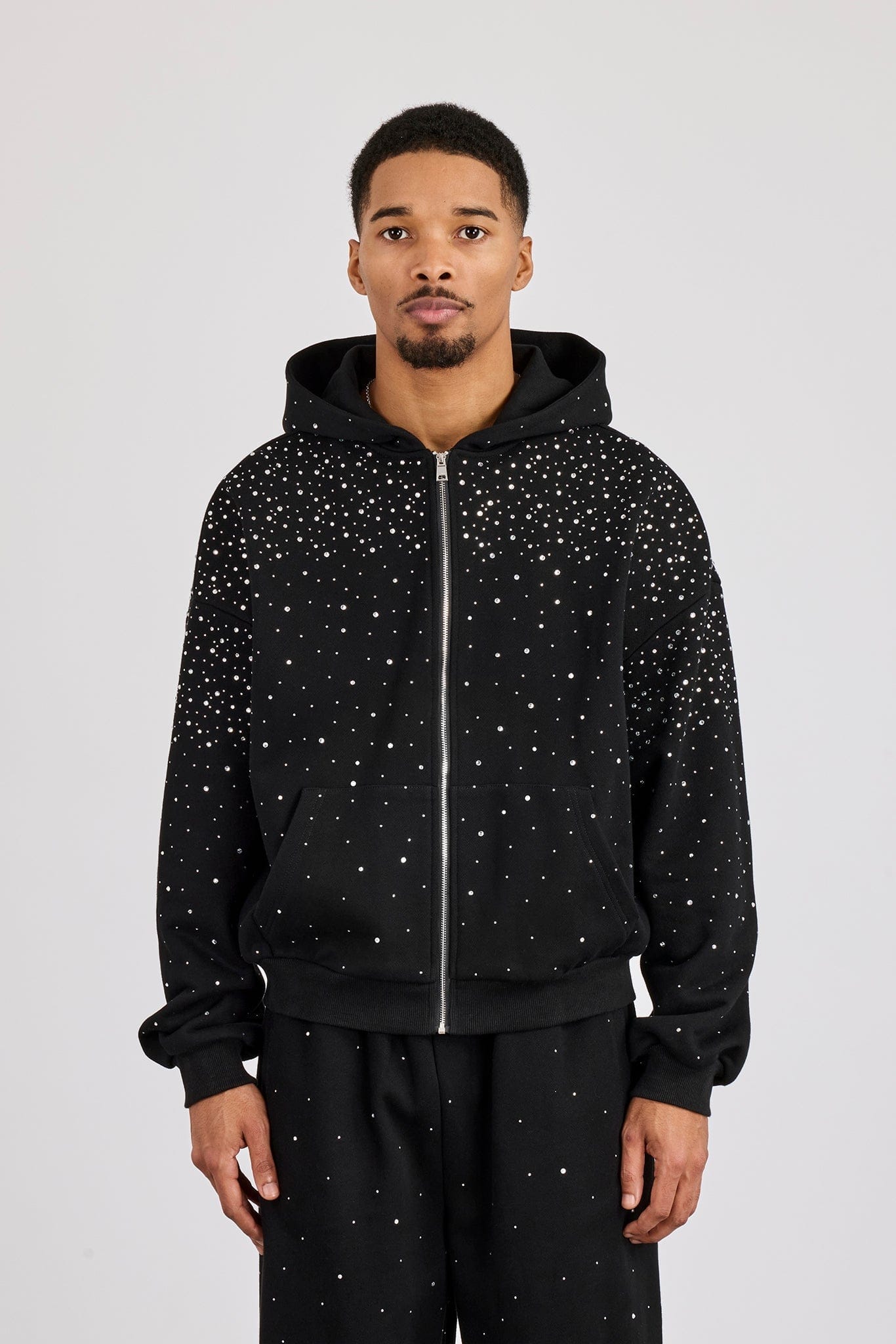 Cernucci Rhinestone Zip Through Hoodie - Black — S — Back View