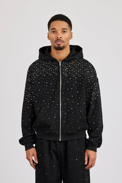 Cernucci Rhinestone Zip Through Hoodie - Black — S — Back View