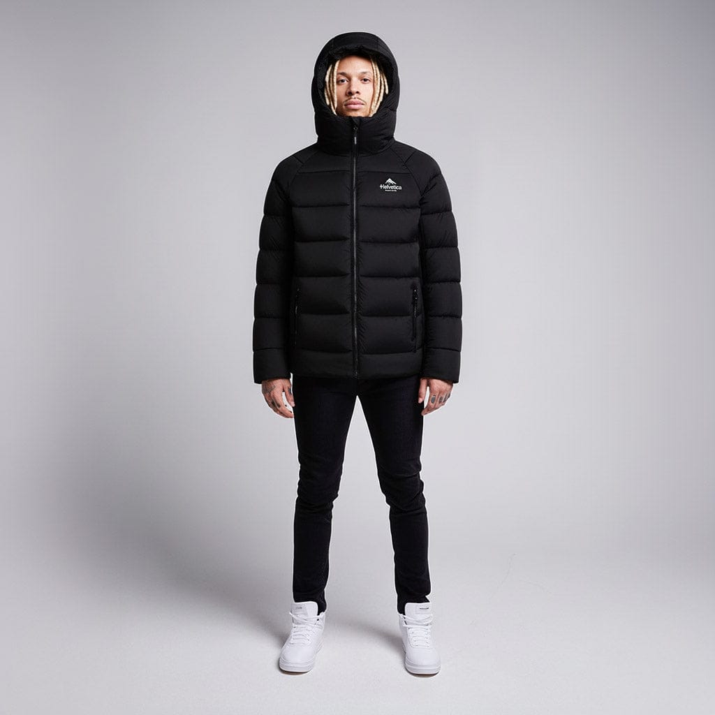 Helvetica Mountain Pioneers Sniper Hooded Down Jacket — XS — Top View