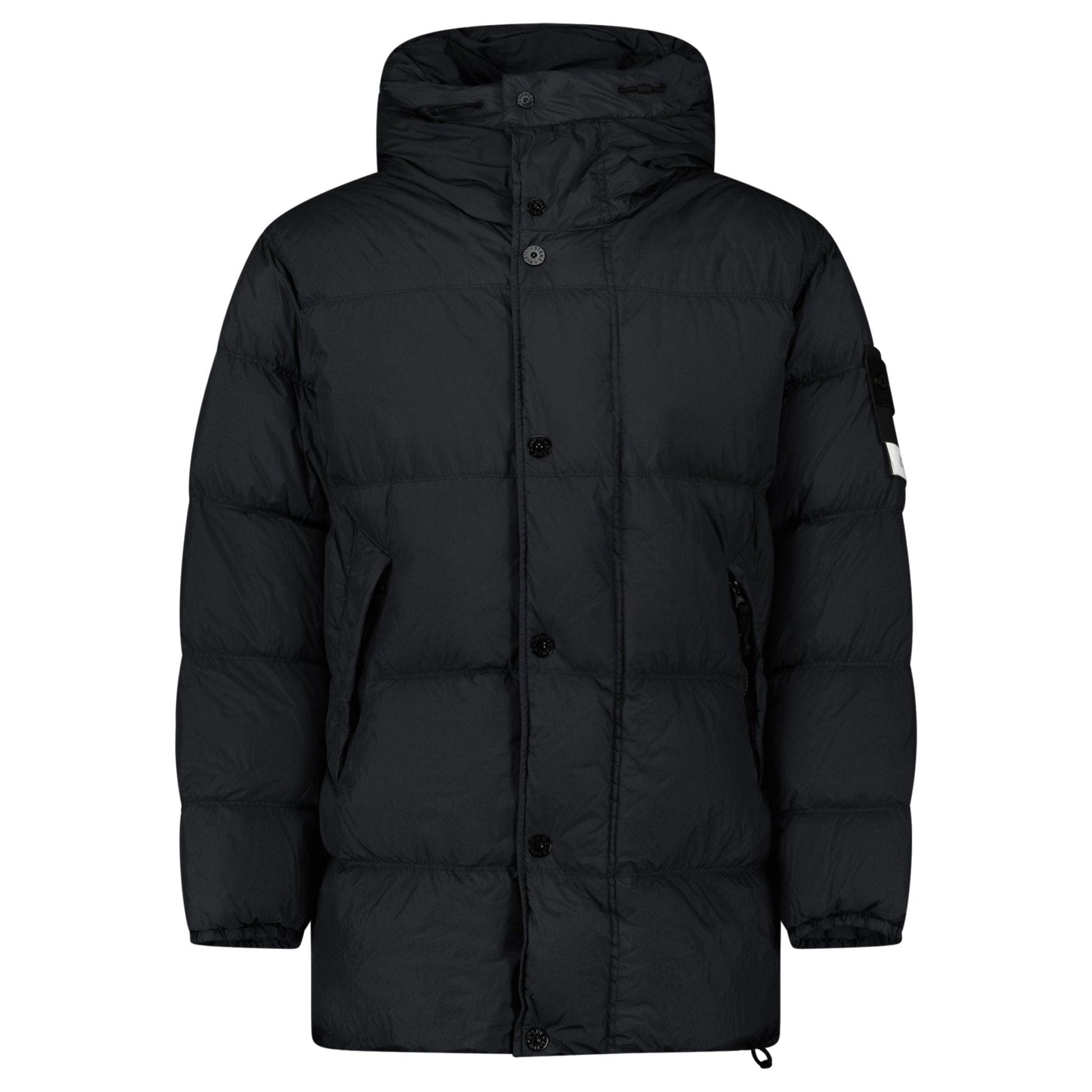 Stone Island Hooded Down Crinkle Reps NY Jacket in Black — S — Front View