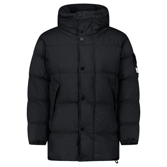 Stone Island Hooded Down Crinkle Reps NY Jacket in Black — S — Front View