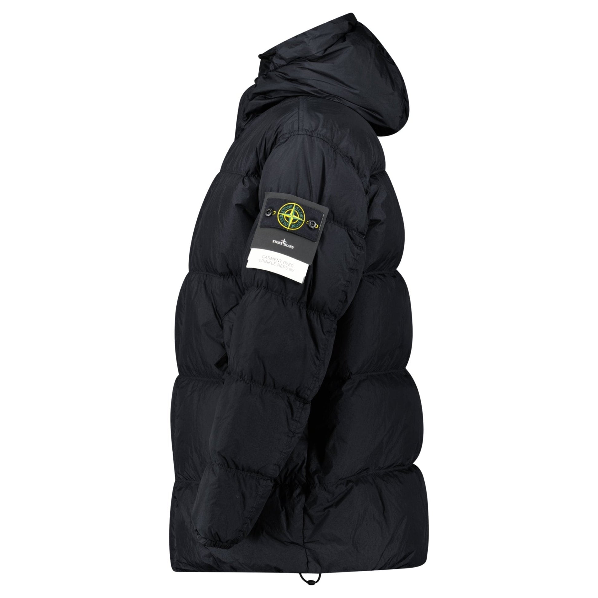 Stone Island Hooded Down Crinkle Reps NY Jacket in Black — S — Side View