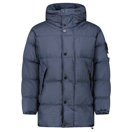 Stone Island Hooded Down Crinkle Reps NY Jacket in Navy — S — Front View