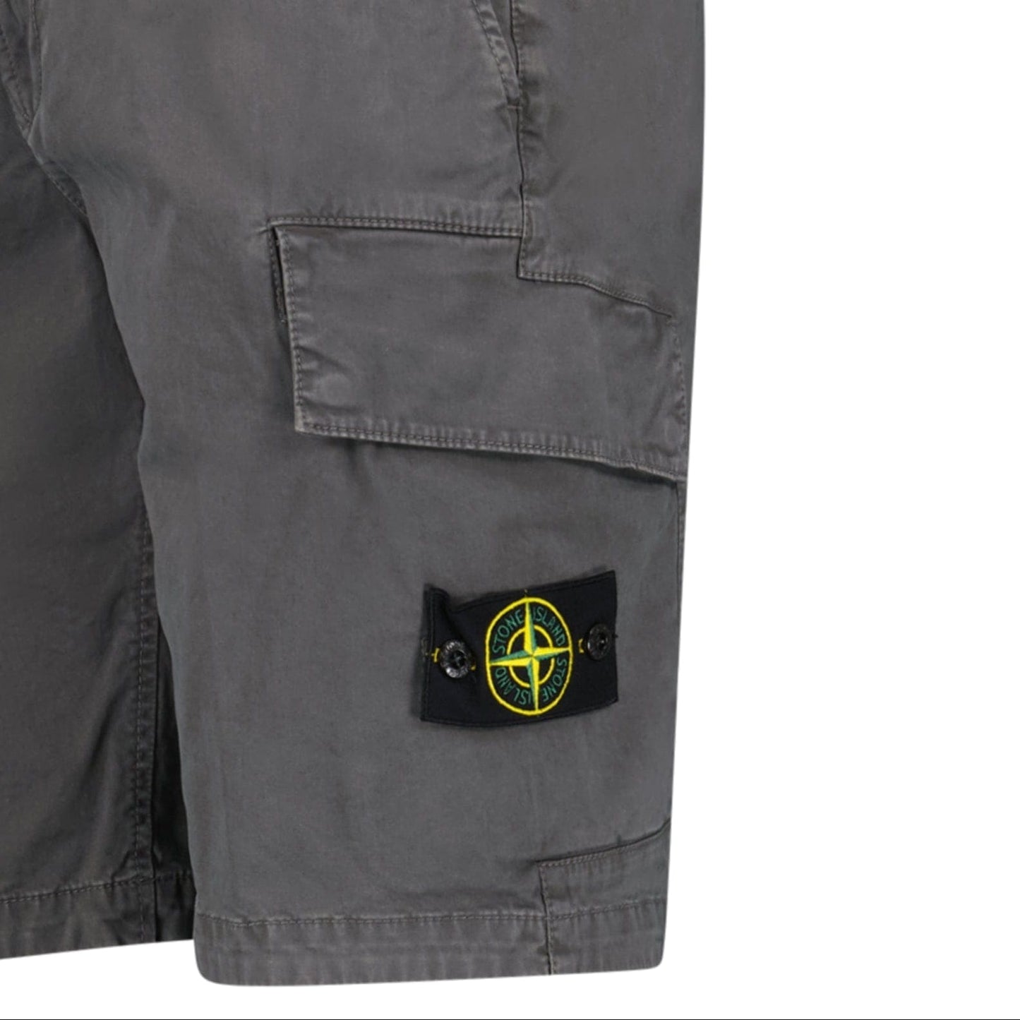 Stone Island Organic Cotton Stretch Broken Twill 'Old' Effect Cargo Shorts in Charcoal Grey — W30 — Top View
