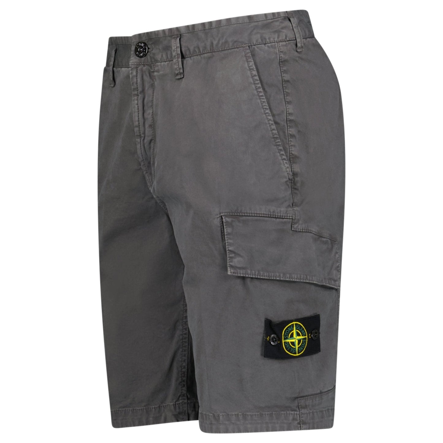 Stone Island Organic Cotton Stretch Broken Twill 'Old' Effect Cargo Shorts in Charcoal Grey — W30 — Side View