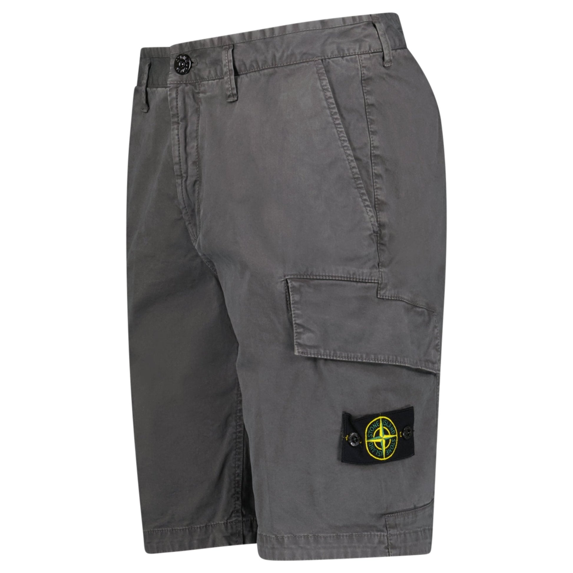 Stone Island Organic Cotton Stretch Broken Twill 'Old' Effect Cargo Shorts in Charcoal Grey — W30 — Side View