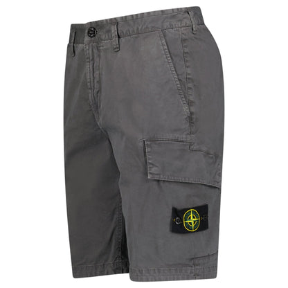 Stone Island Organic Cotton Stretch Broken Twill 'Old' Effect Cargo Shorts in Charcoal Grey — W30 — Side View