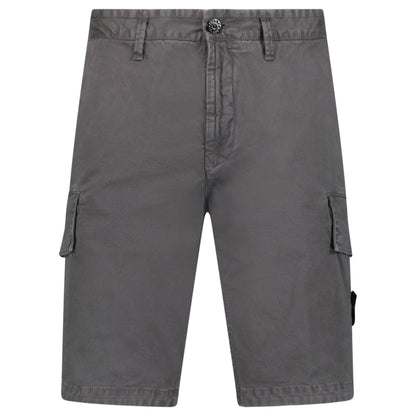Stone Island Organic Cotton Stretch Broken Twill 'Old' Effect Cargo Shorts in Charcoal Grey — W30 — Front View