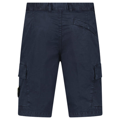 Stone Island Organic Cotton Stretch Broken Twill 'Old' Effect Cargo Shorts in Navy — W30 — Back View