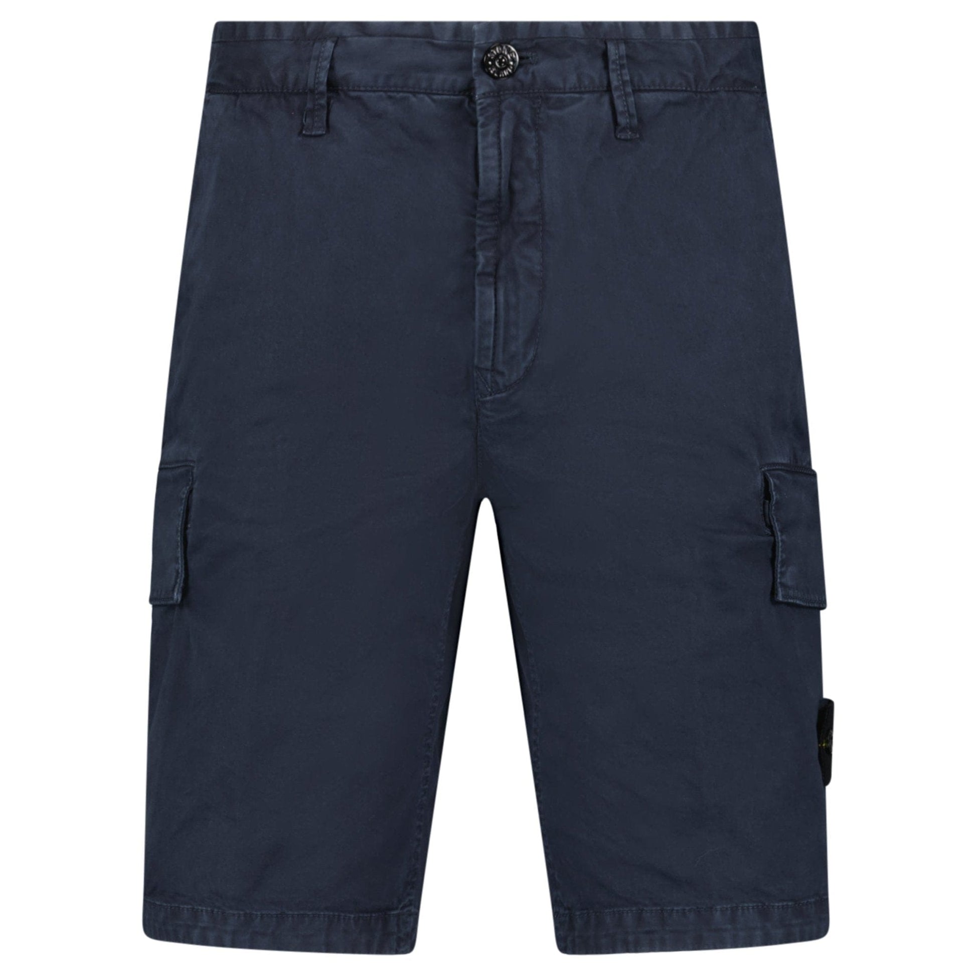 Stone Island Organic Cotton Stretch Broken Twill 'Old' Effect Cargo Shorts in Navy — W30 — Front View