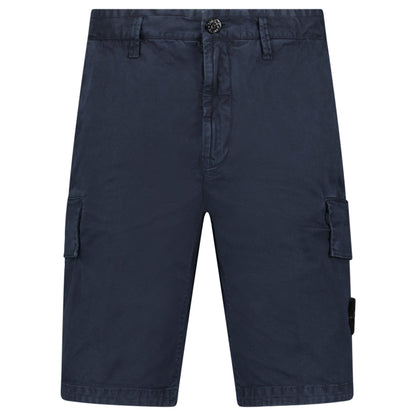 Stone Island Organic Cotton Stretch Broken Twill 'Old' Effect Cargo Shorts in Navy — W30 — Front View