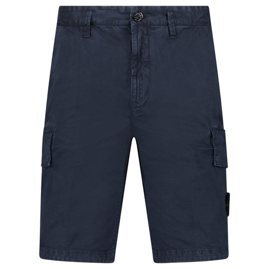 Stone Island Organic Cotton Stretch Broken Twill 'Old' Effect Cargo Shorts in Navy — W30 — Front View