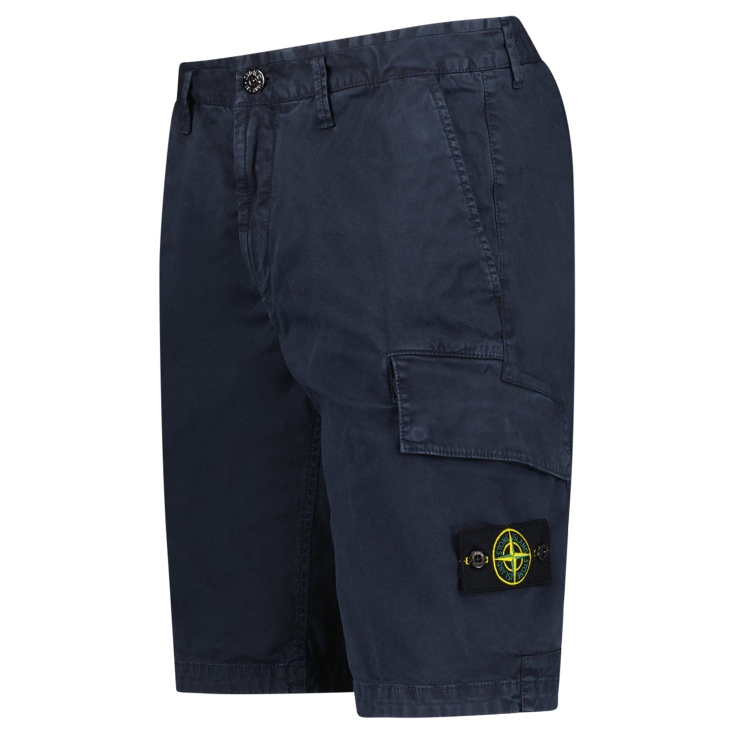 Stone Island Organic Cotton Stretch Broken Twill 'Old' Effect Cargo Shorts in Navy — W30 — Side View