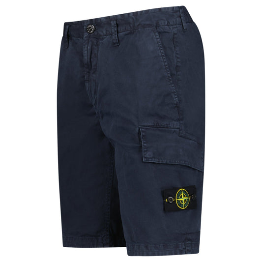 Stone Island Organic Cotton Stretch Broken Twill 'Old' Effect Cargo Shorts in Navy — W30 — Side View