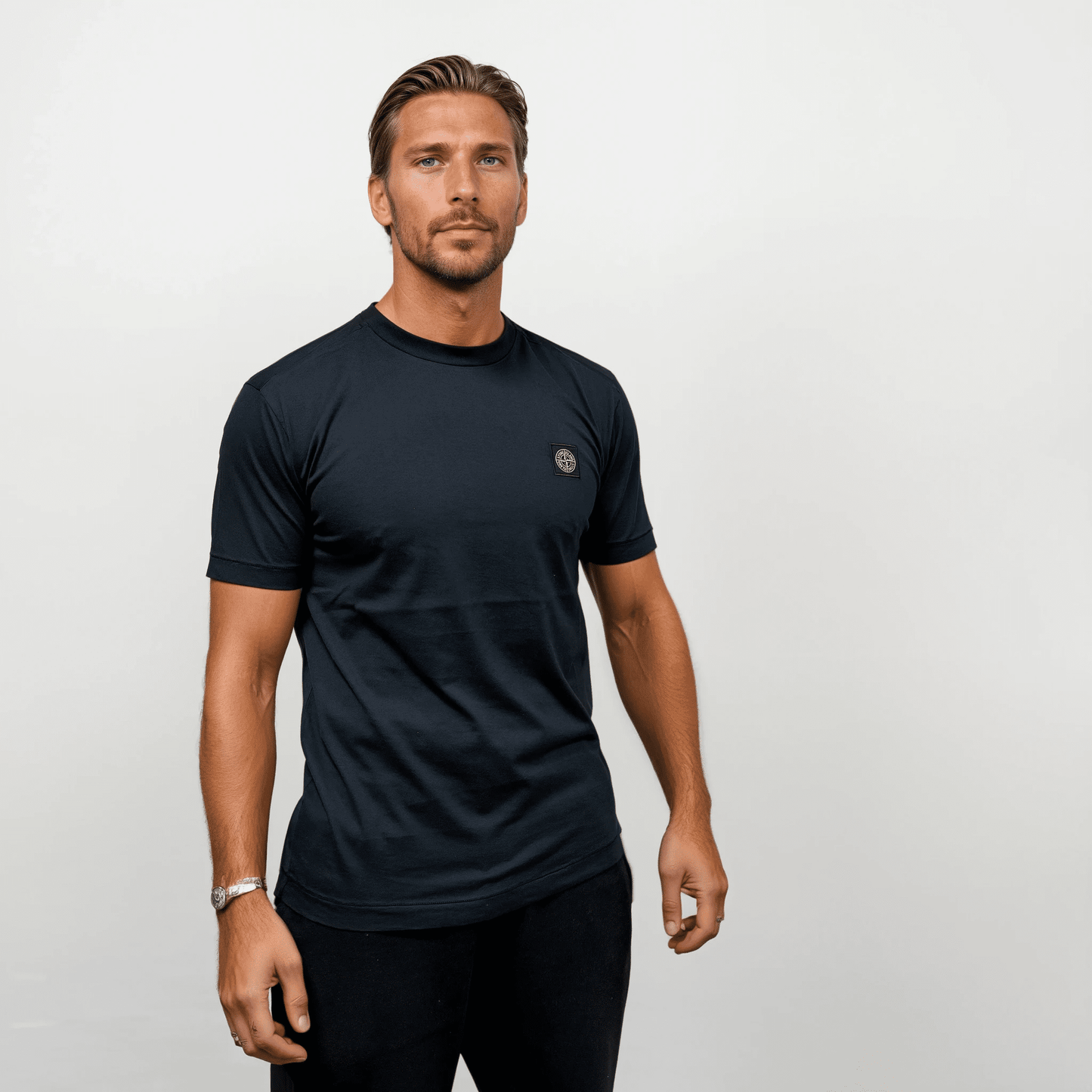 Stone Island Slim-Fit Short-Sleeve T-Shirt With Compass Patch Navy — S — Side View