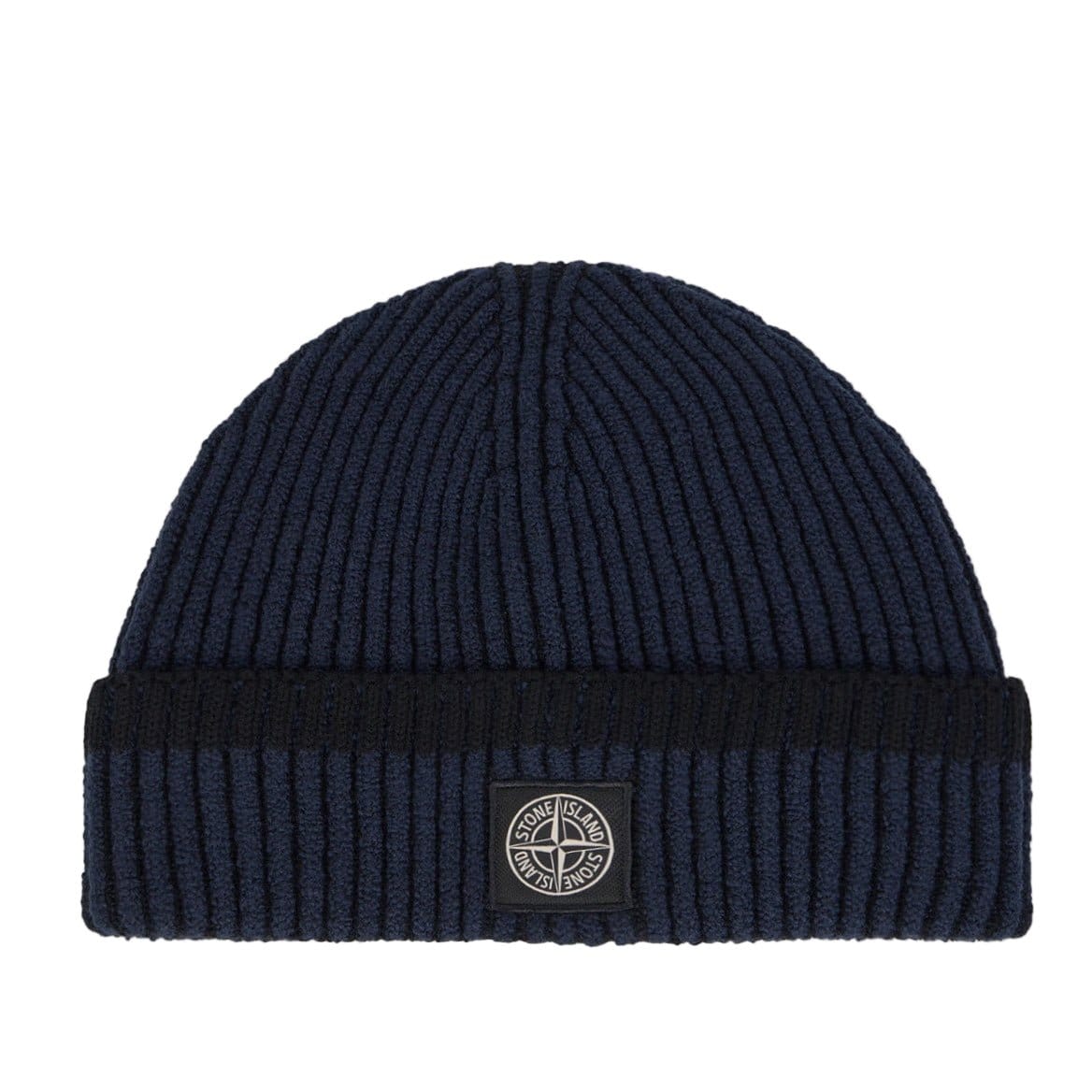 Stone Island Beanie with Vanisé Ribbing and Compass Patch in Navy — Front View
