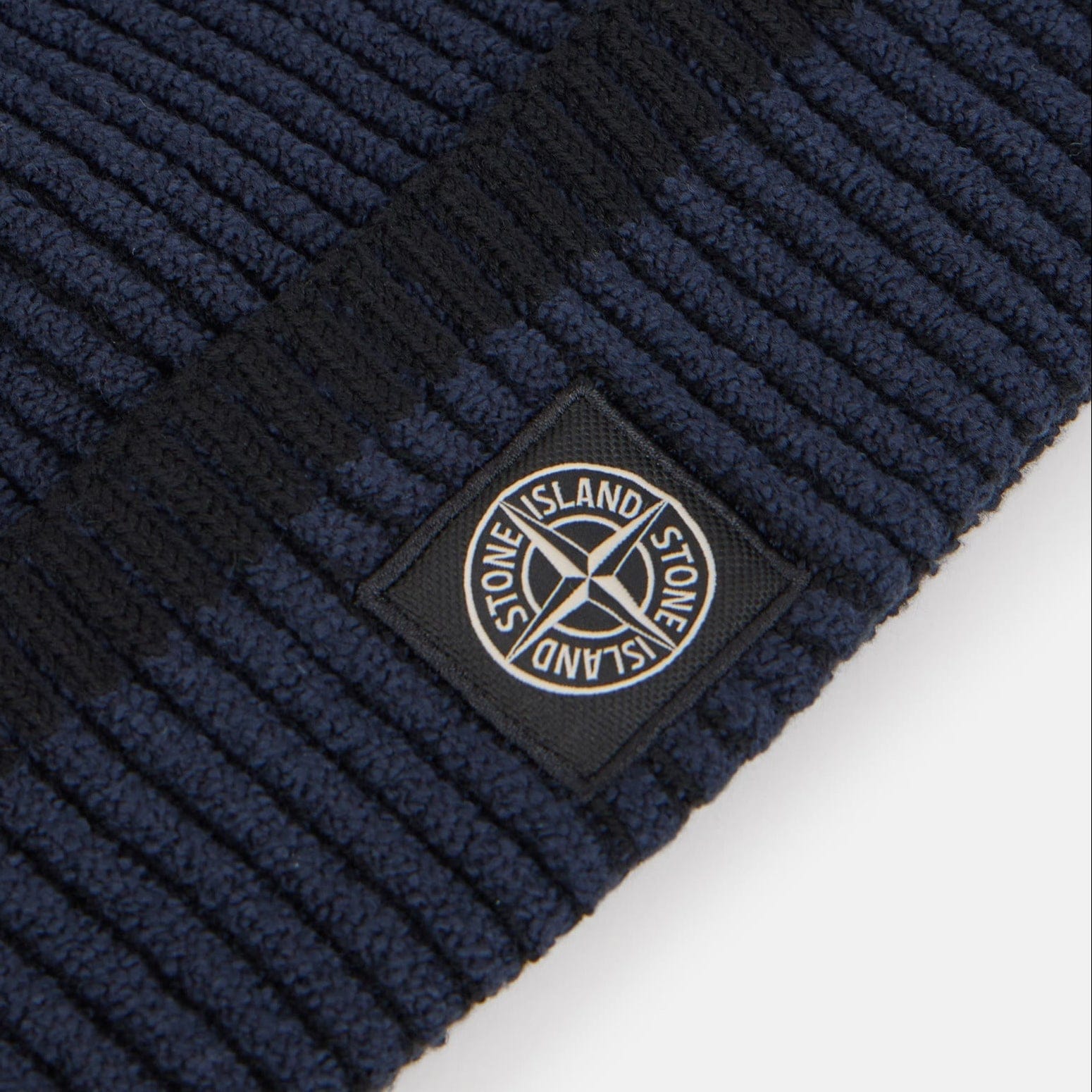 Stone Island Beanie with Vanisé Ribbing and Compass Patch in Navy — Back View