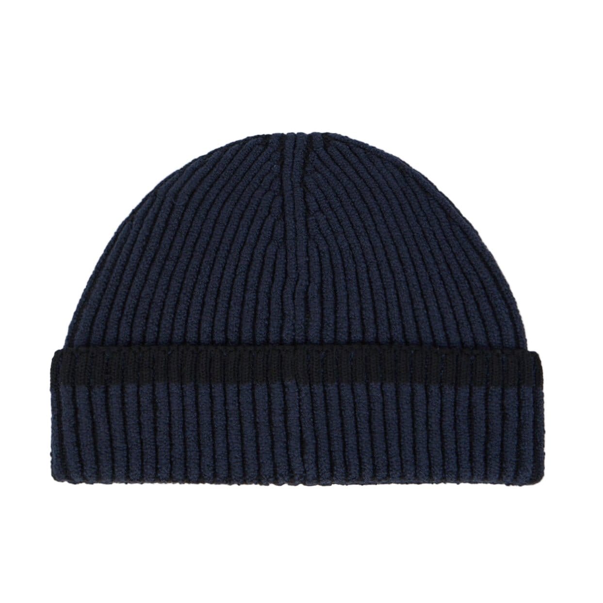 Stone Island Beanie with Vanisé Ribbing and Compass Patch in Navy — Side View