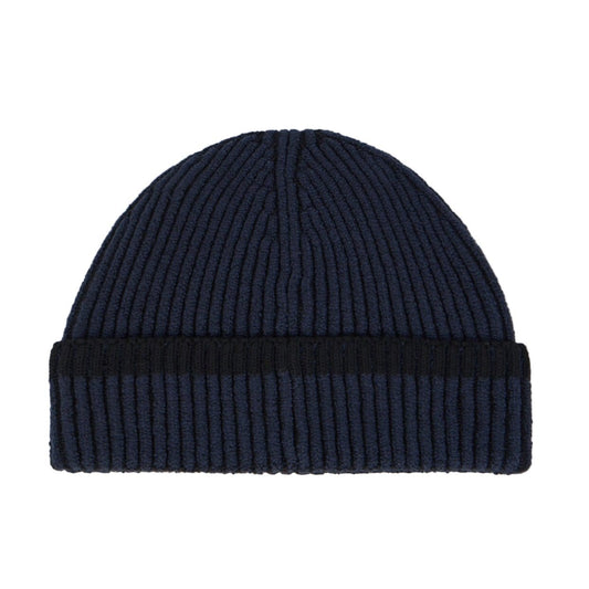 Stone Island Beanie with Vanisé Ribbing and Compass Patch in Navy — Side View