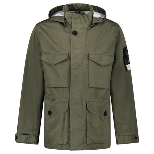 Stone Island Drawstring-Hood Regular-Fit Cotton Jacket in Military Green — S — Front View