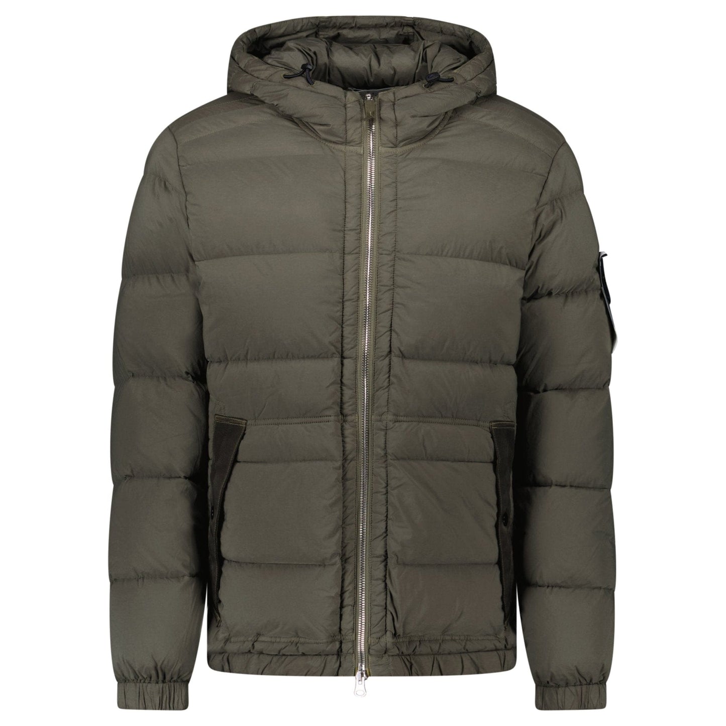 Stone Island Hooded Down Jacket with Seamless Feather Tunnels in Military Green — S — Front View