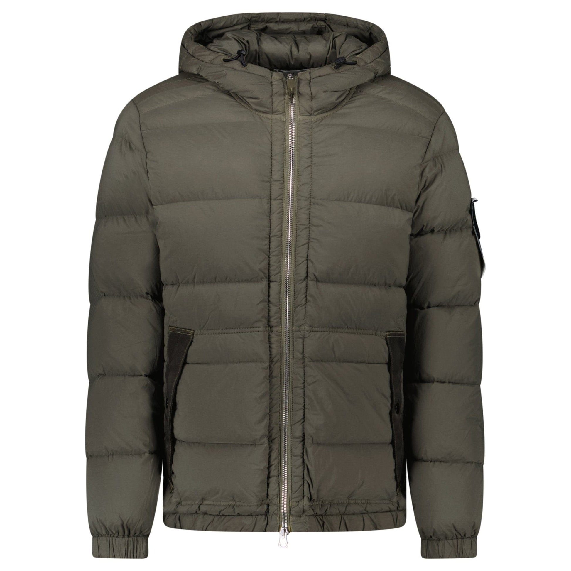 Stone Island Hooded Down Jacket with Seamless Feather Tunnels in Military Green — S — Front View