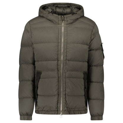 Stone Island Hooded Down Jacket with Seamless Feather Tunnels in Military Green — S — Front View