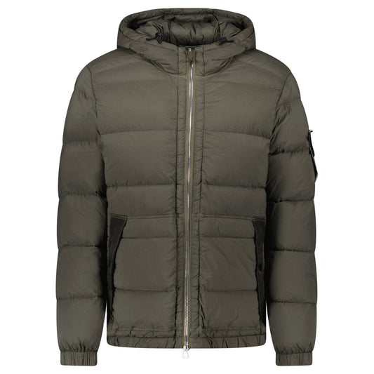 Stone Island Hooded Down Jacket with Seamless Feather Tunnels in Military Green — S — Front View