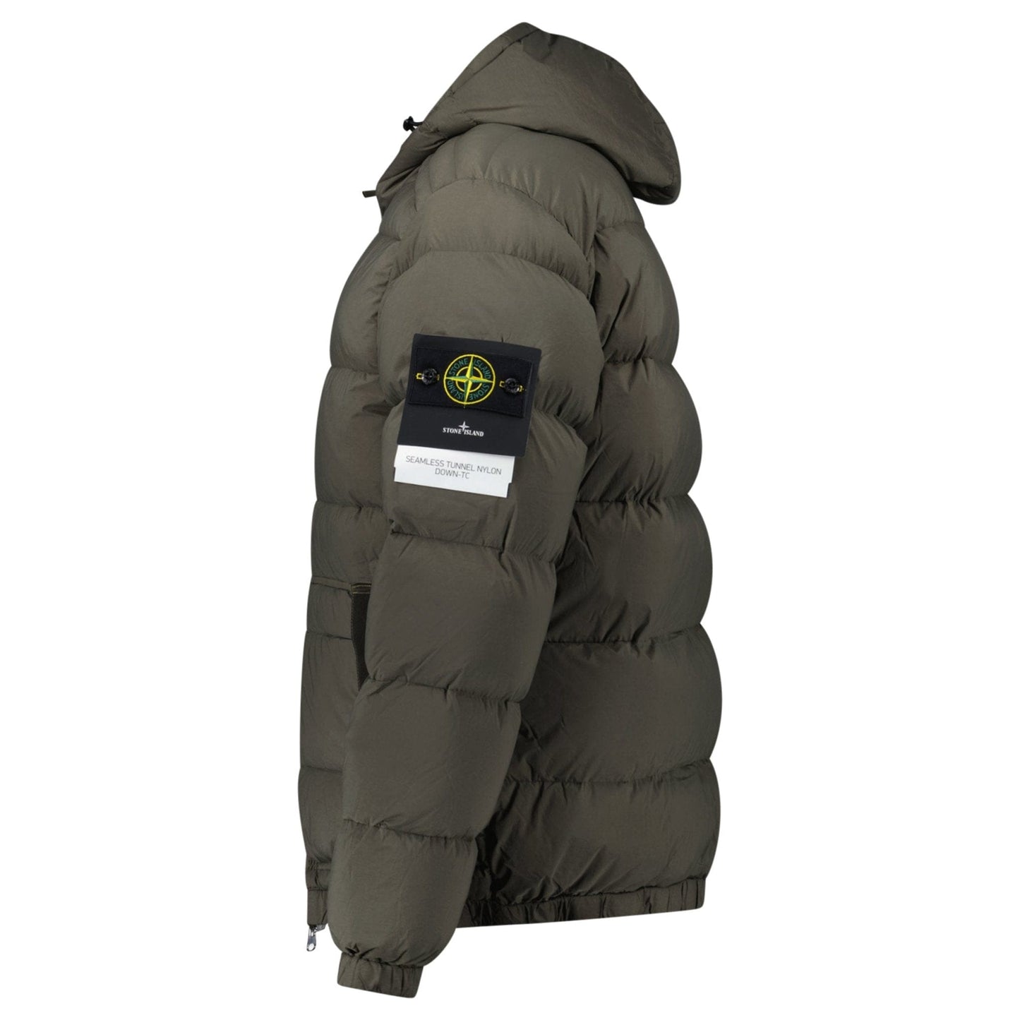 Stone Island Hooded Down Jacket with Seamless Feather Tunnels in Military Green — S — Side View