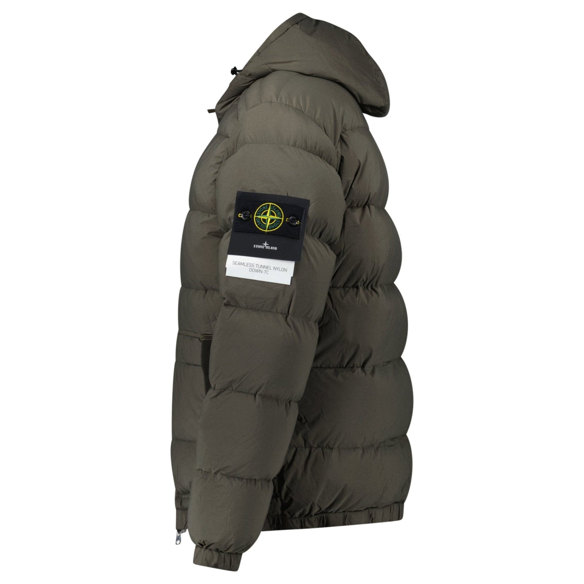 Stone Island Hooded Down Jacket with Seamless Feather Tunnels in Military Green — S — Side View
