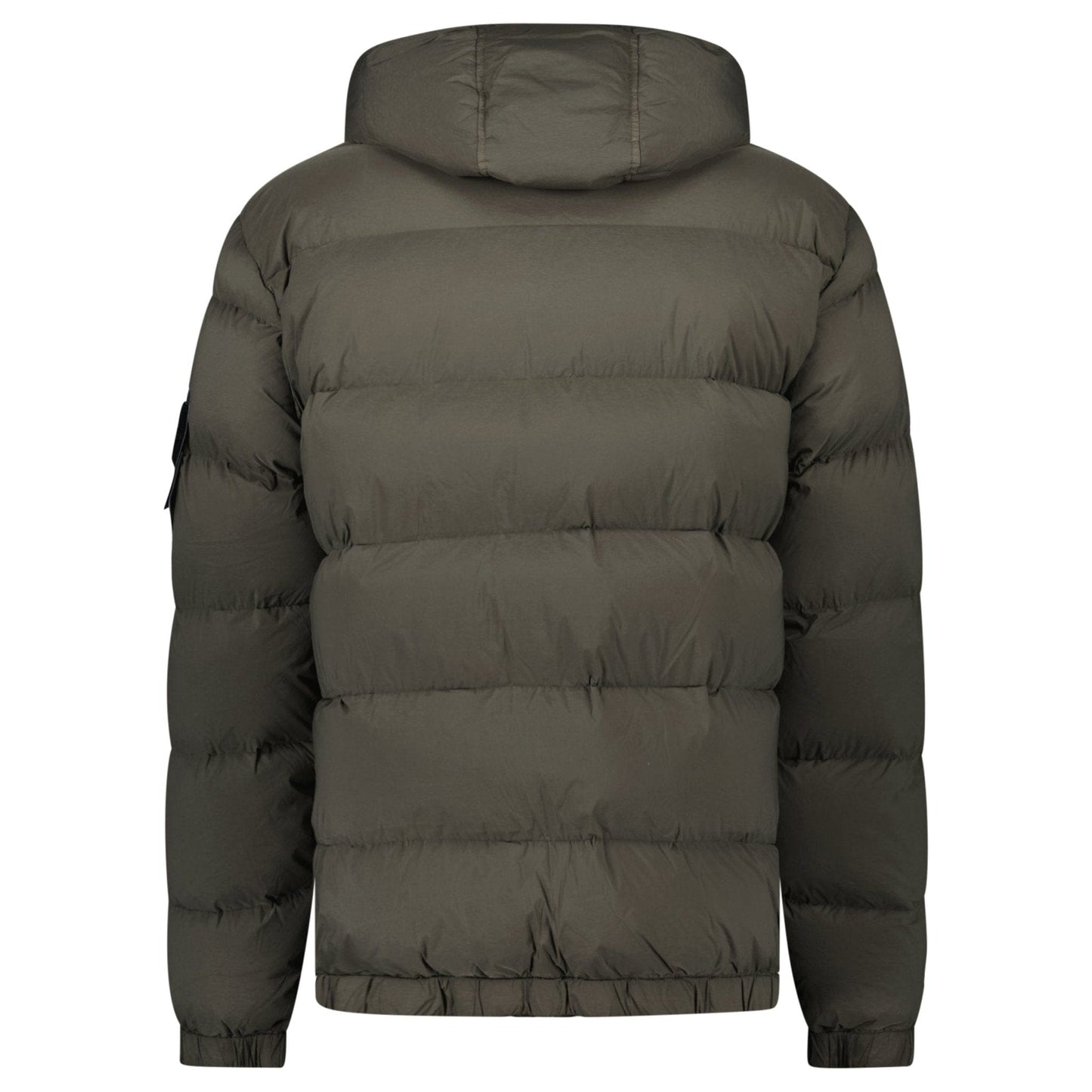 Stone Island Hooded Down Jacket with Seamless Feather Tunnels in Military Green — S — Back View