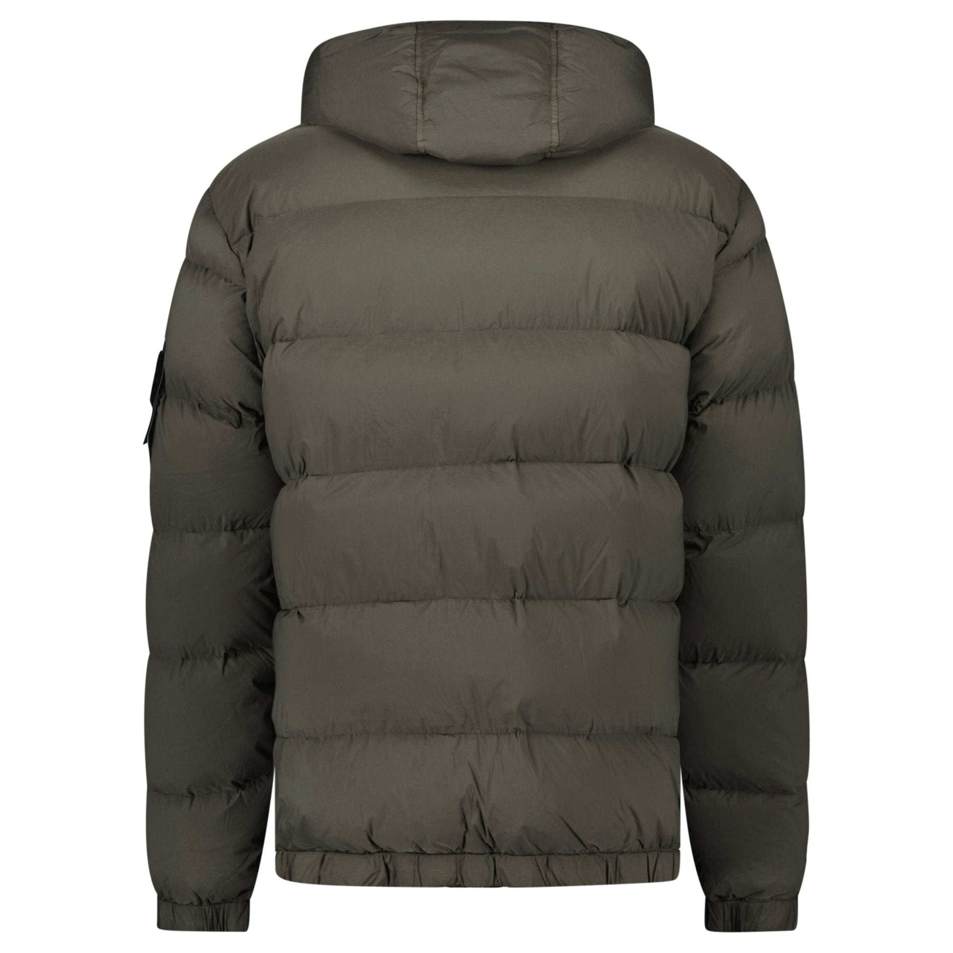 Stone Island Hooded Down Jacket with Seamless Feather Tunnels in Military Green — S — Back View