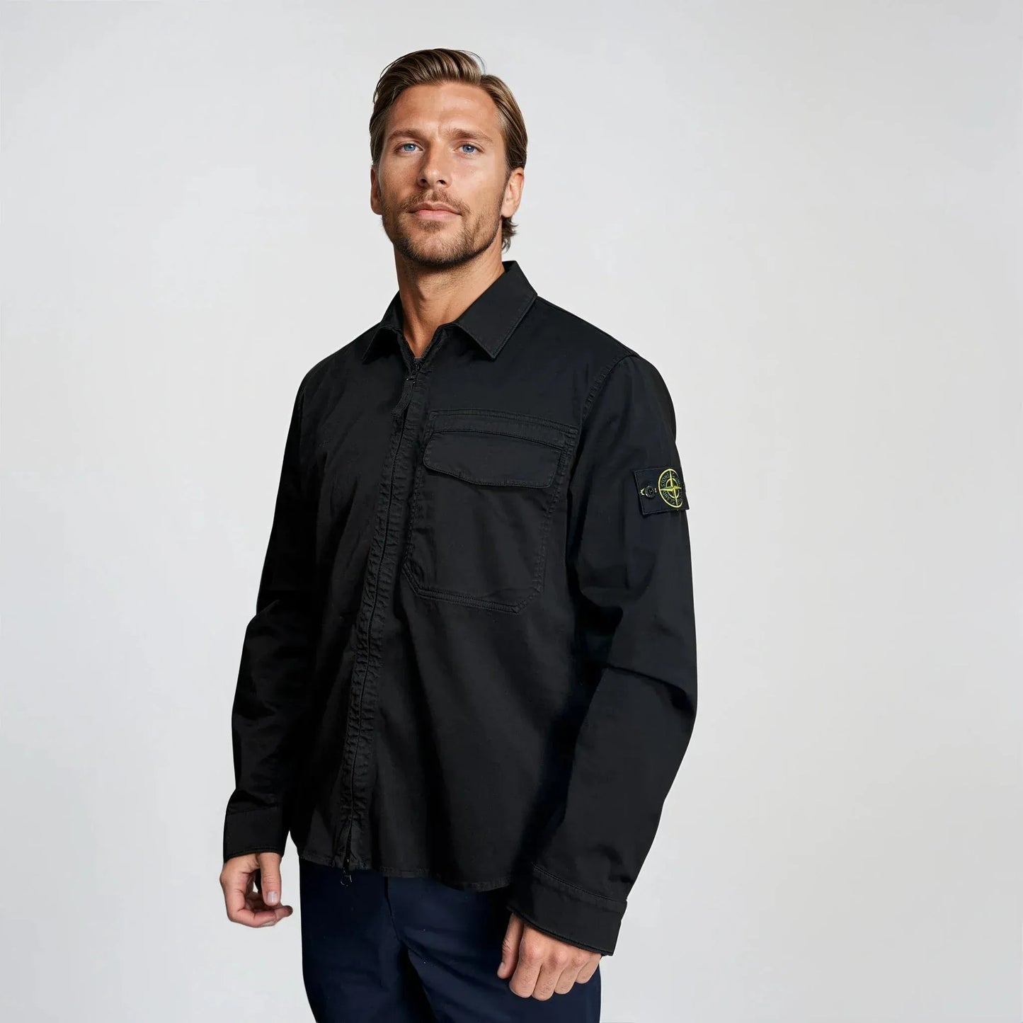 Stone Island Stretch Organic Cotton Satin Overshirt in Black — S — Side View