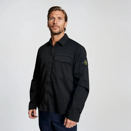 Stone Island Stretch Organic Cotton Satin Overshirt in Black — S — Side View