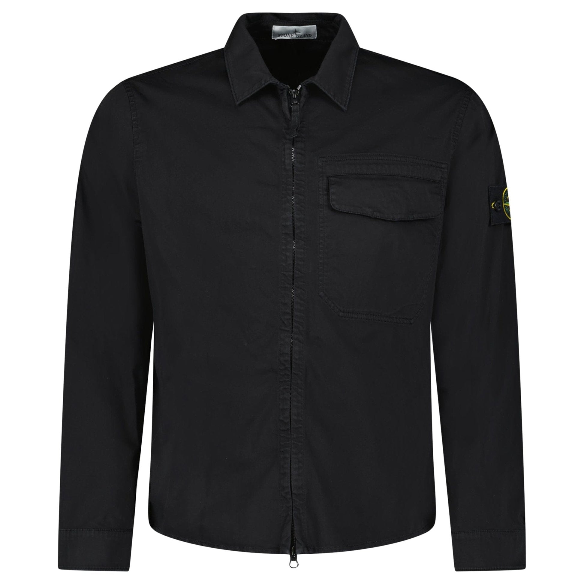 Stone Island Stretch Organic Cotton Satin Overshirt in Black — S — Front View