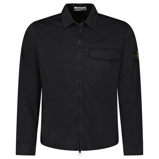Stone Island Stretch Organic Cotton Satin Overshirt in Black — S — Front View