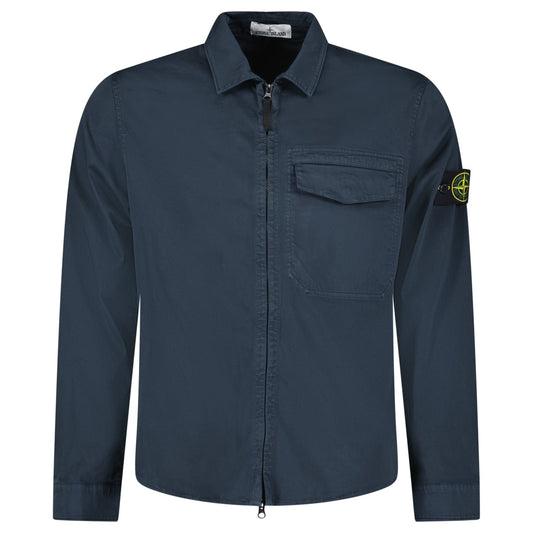 Stone Island Stretch Organic Cotton Satin Overshirt in Navy — S — Front View