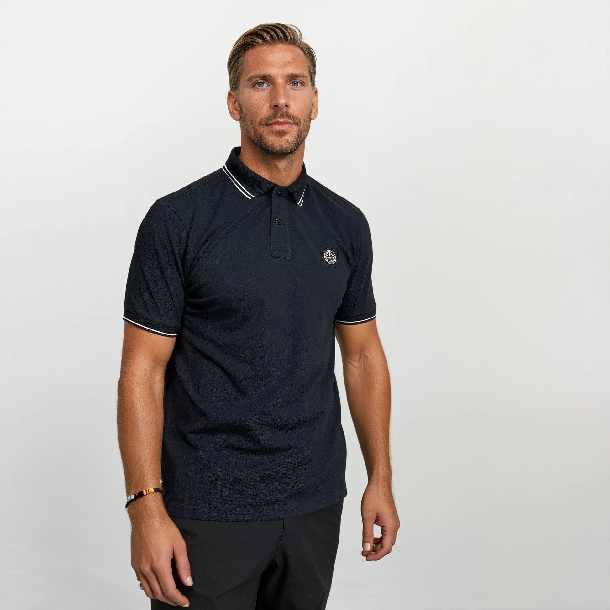 Stone Island Stripe Collar Polo T-Shirt Slim Fit Navy — S — Side View