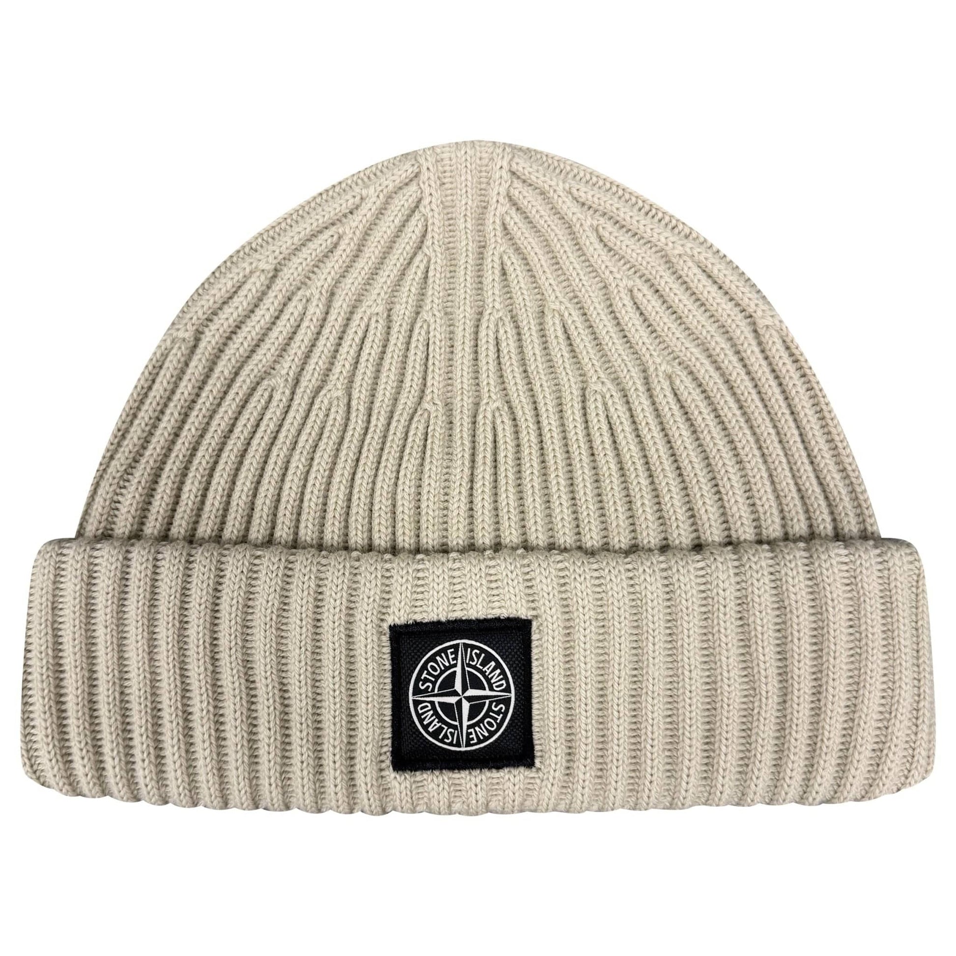 Stone Island Thick Ribbed Wool Beanie Hat Beige — Front View