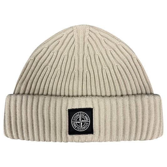 Stone Island Thick Ribbed Wool Beanie Hat Beige — Front View