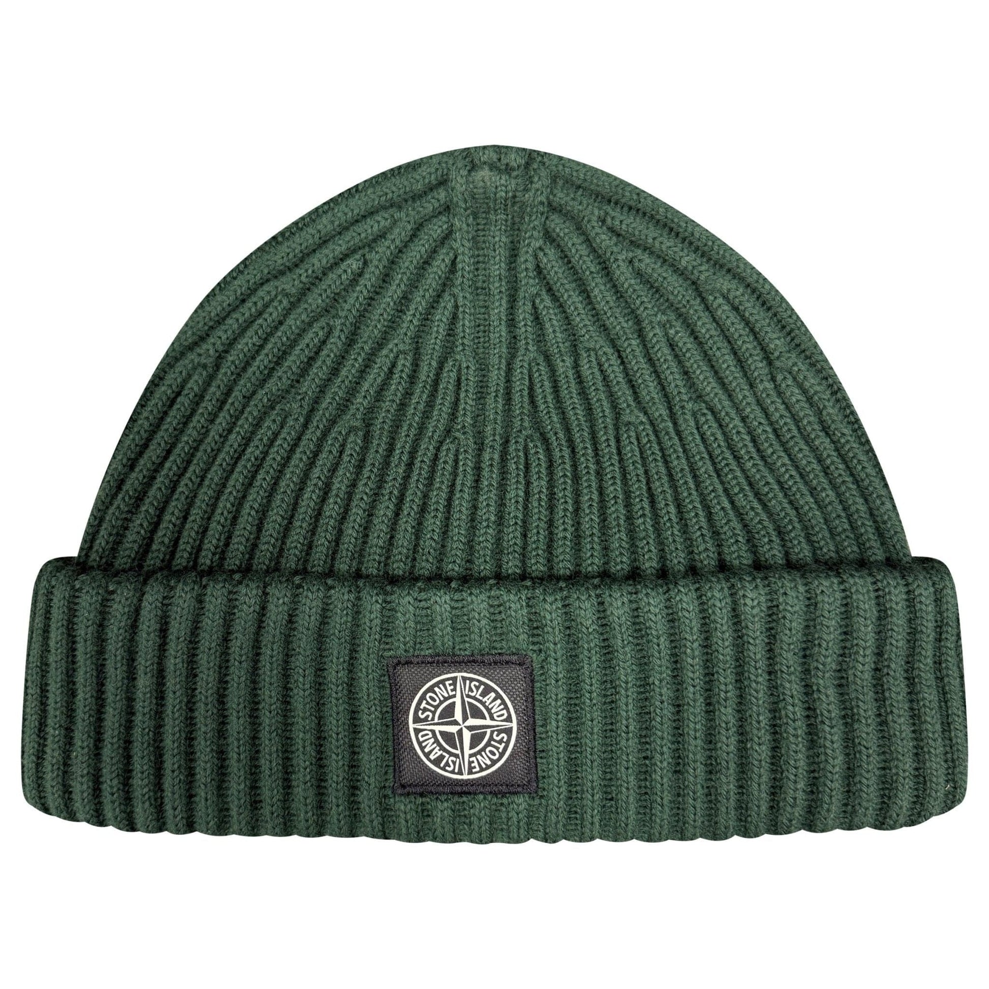 Stone Island Thick Ribbed Wool Beanie Hat Musk Green — Front View