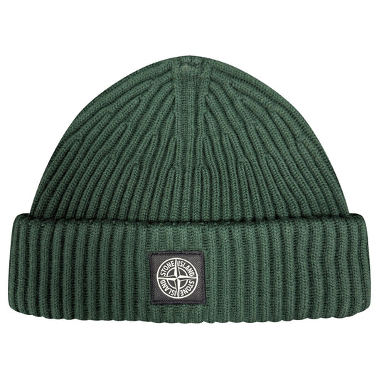 Stone Island Thick Ribbed Wool Beanie Hat Musk Green — Front View