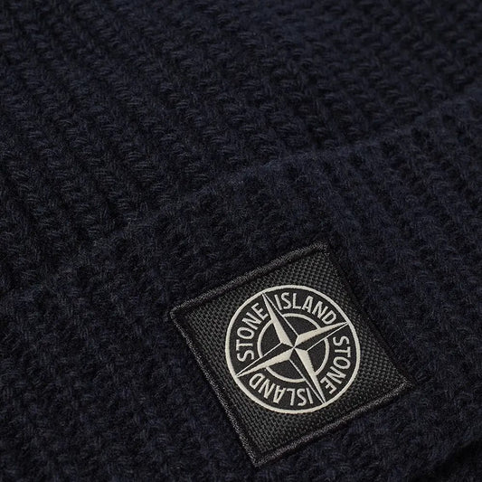 Stone Island Compass Patch Wool Beanie Hat Navy — Side View