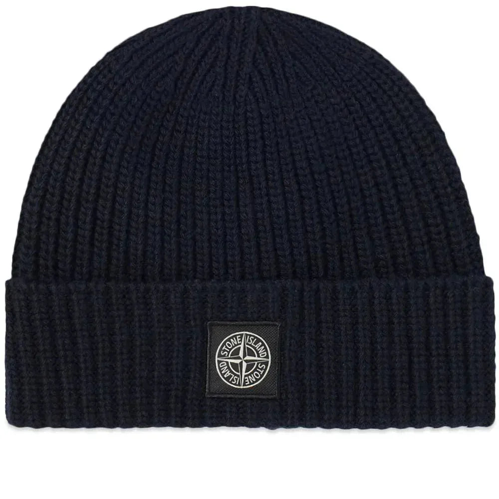 Stone Island Compass Patch Wool Beanie Hat Navy — Front View