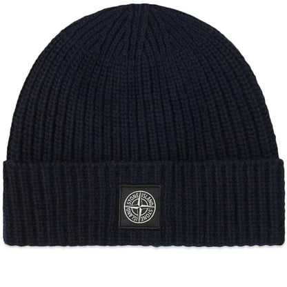 Stone Island Compass Patch Wool Beanie Hat Navy — Front View