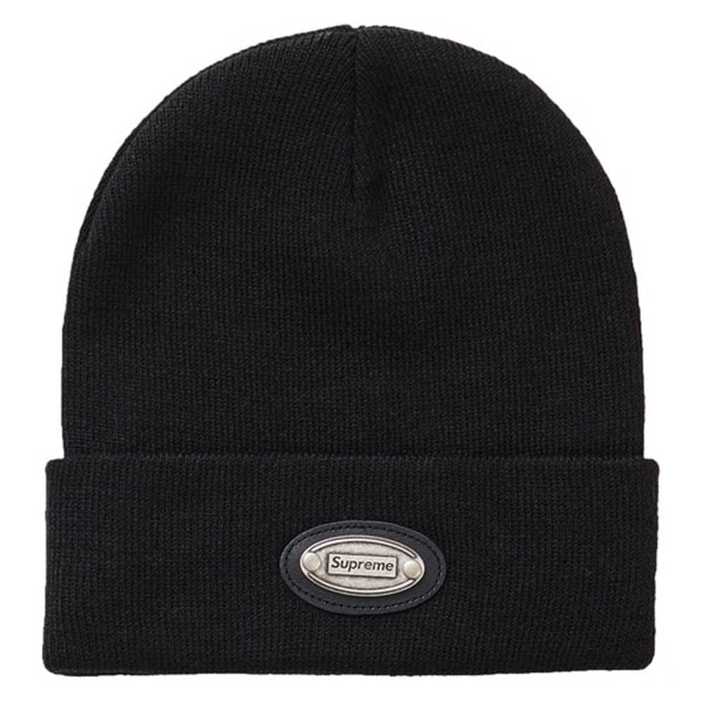 Supreme Metal Plate Beanie Black — Front View