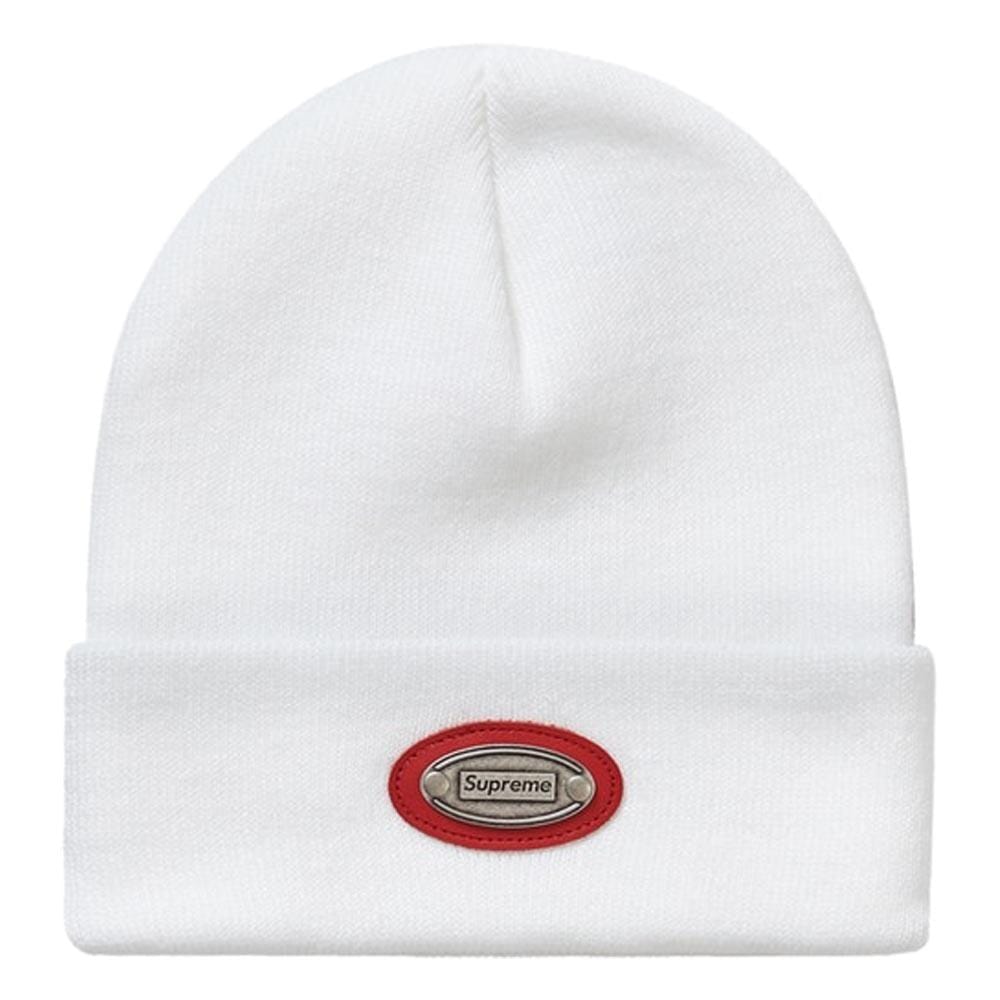 Supreme Metal Plate Beanie White — Front View